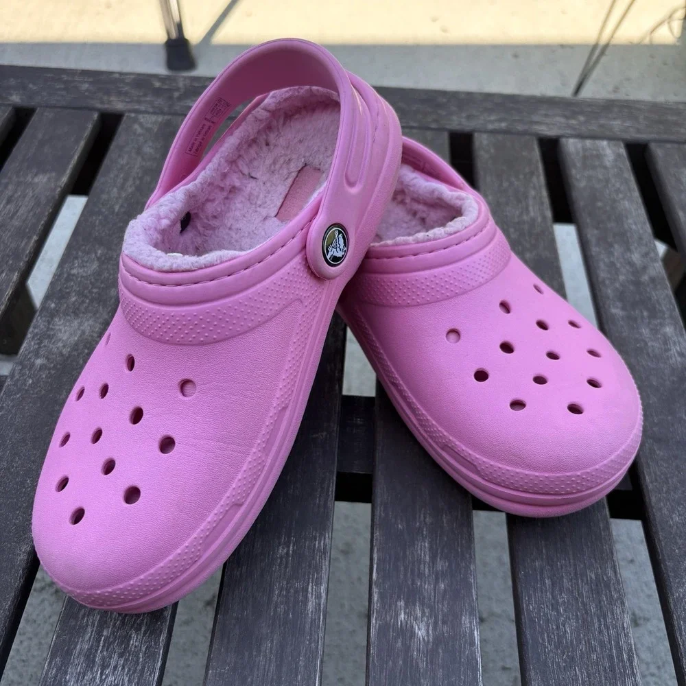 Crocs Kids J3 Pink Classic Fuzz Lined Clogs Cozicore Faux Fur